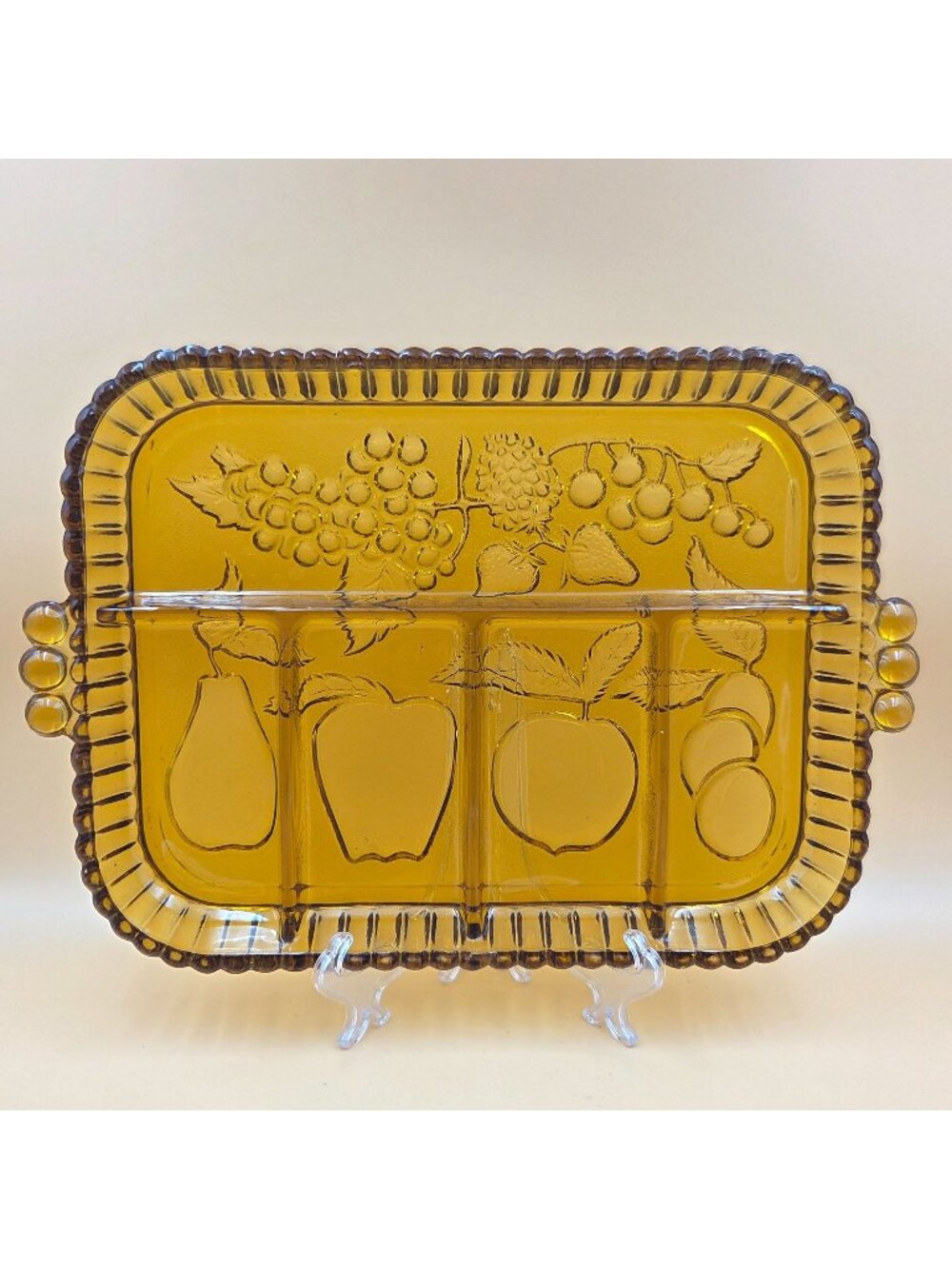 Indiana Glass Fruits Amber 12 Inch Rectangular 5 Part Relish Serving Tray